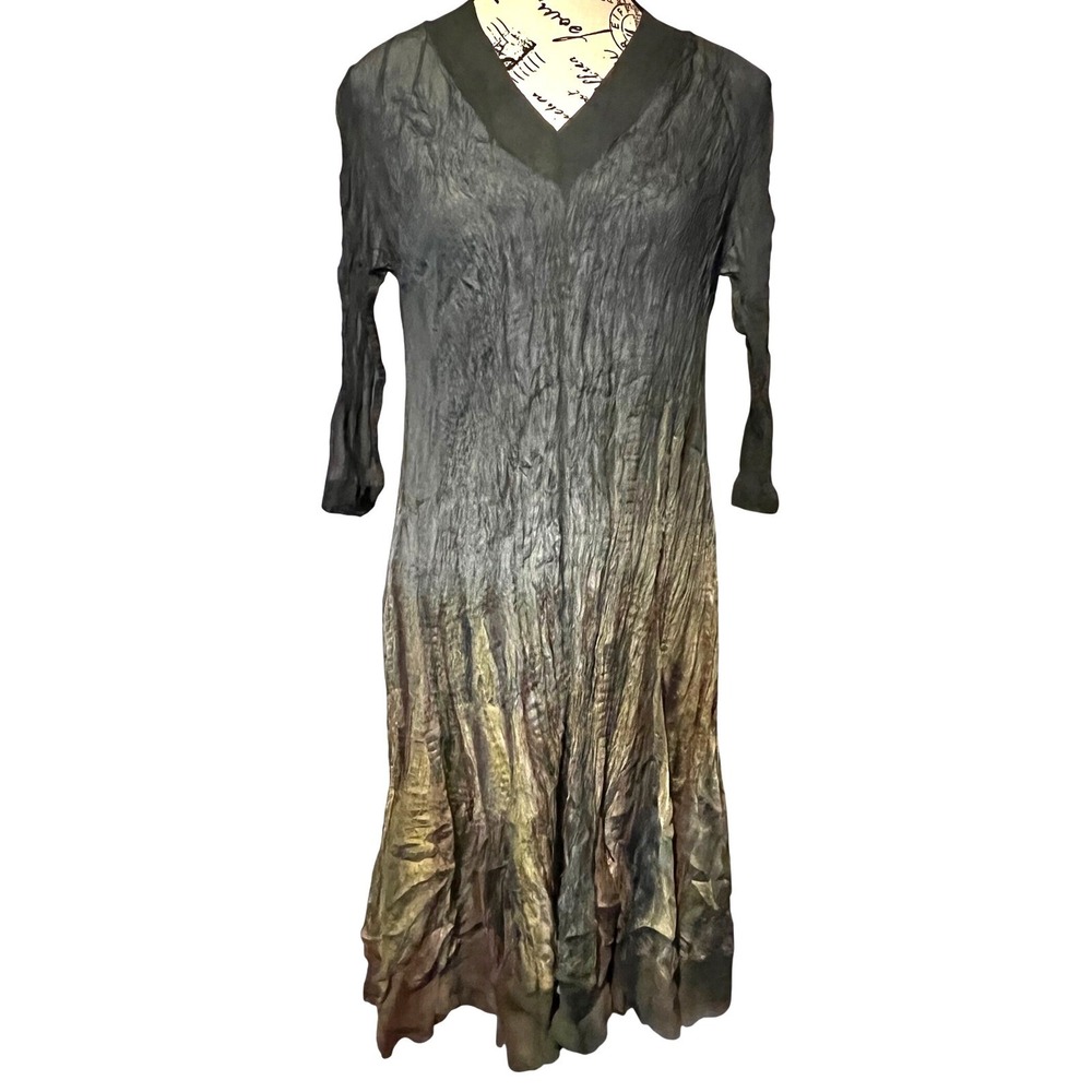 Viviana Uchitel Hand Dyed Silk Dress Size 1 Green Gold Ombre Artisan Boho